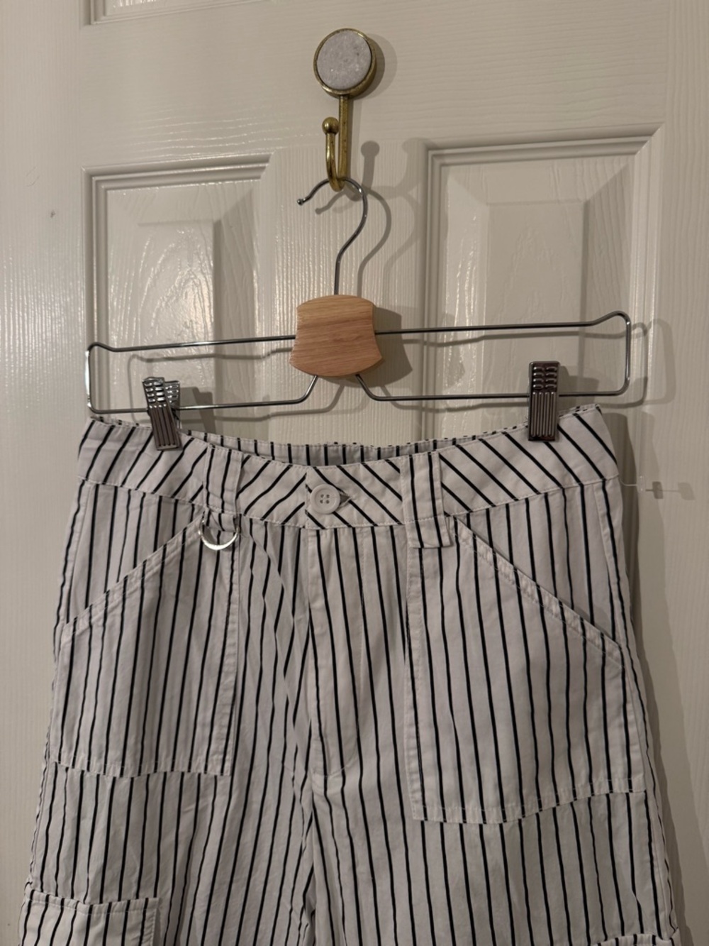 Striped High-Waist Cargo Pants in White and Black